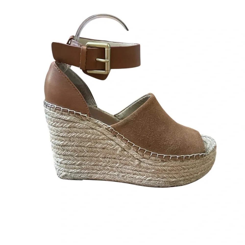 Marc Fisher Mladalyn Suede Brown Wedge Platform Espadrilles with Ankle Strap 6.5